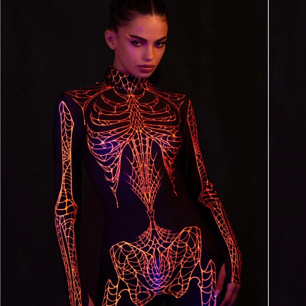 new Badinka Nightweaver Black Orange web Skeleton bodysuit XS rave festival edm